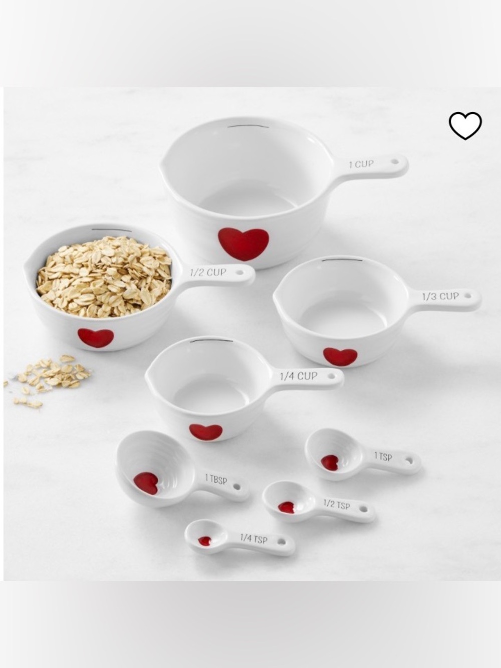 Williams Sonoma White Ceramic Measuring Cups & Spoons with Red Heart Accents!
